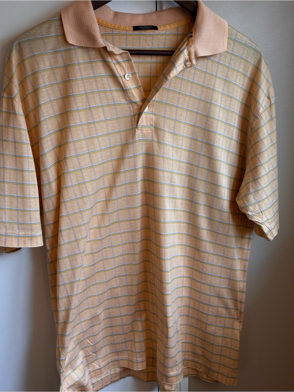 MARBAS Men's Beige Striped Short Sleeve Collared Polo Shirt Size M